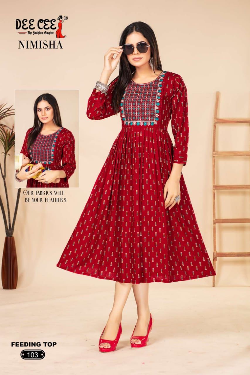 Nimisha By Deecee Rayon Printed Long Flaired Feeding Kurti Wholesale Shop In Surat

